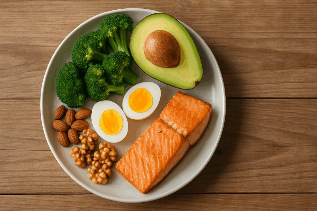 Keto-friendly plate with salmon, avocado, eggs, nuts, and broccoli on wood table—ideal for top diets for women focused on energy and weight control.