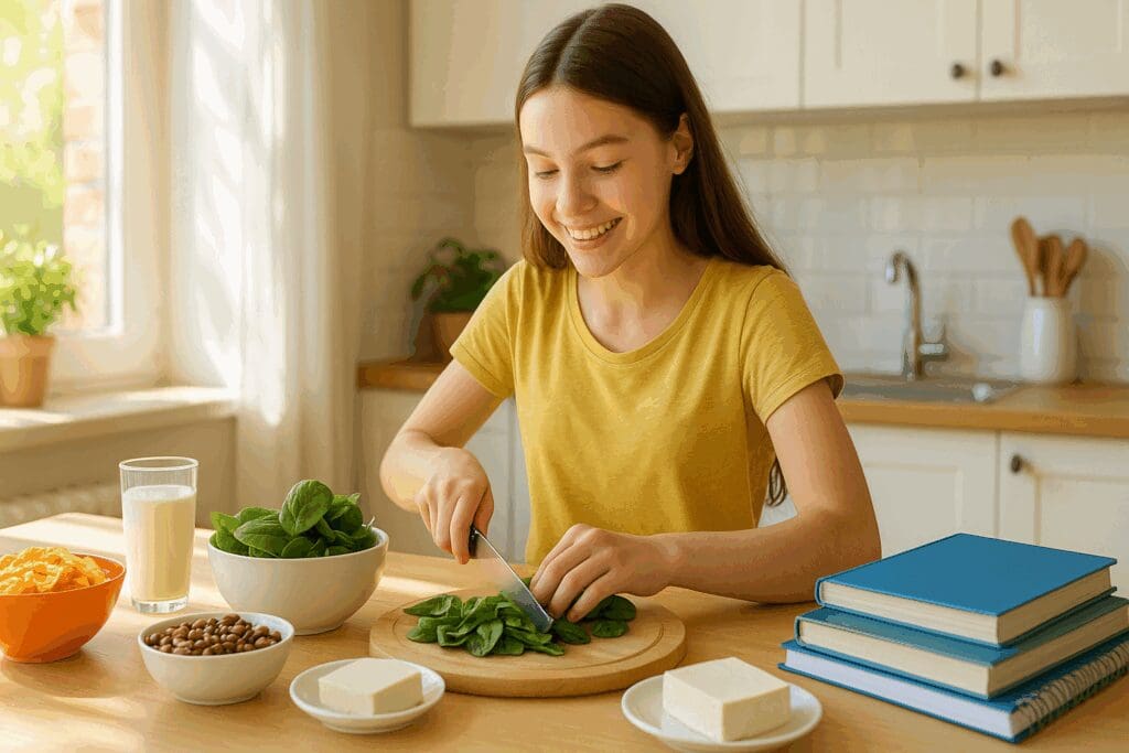 Teenage girl chopping spinach in a sunlit kitchen with beans, tofu, dairy, and textbooks nearby, promoting a healthy balanced diet for women.
