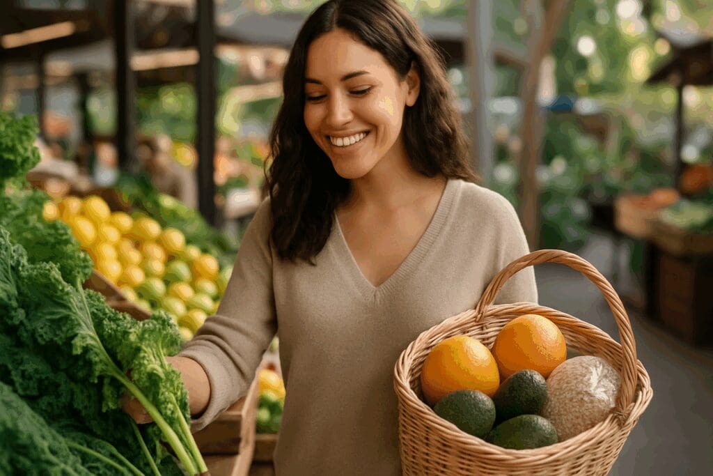 Young woman shopping for leafy greens, citrus fruits, avocados, and grains at a farmers market, promoting a healthy balanced diet for women.