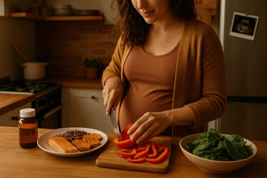 Pregnant woman preparing a healthy balanced diet for women with salmon, lentils, sweet potatoes, bell peppers, and spinach in a cozy kitchen.