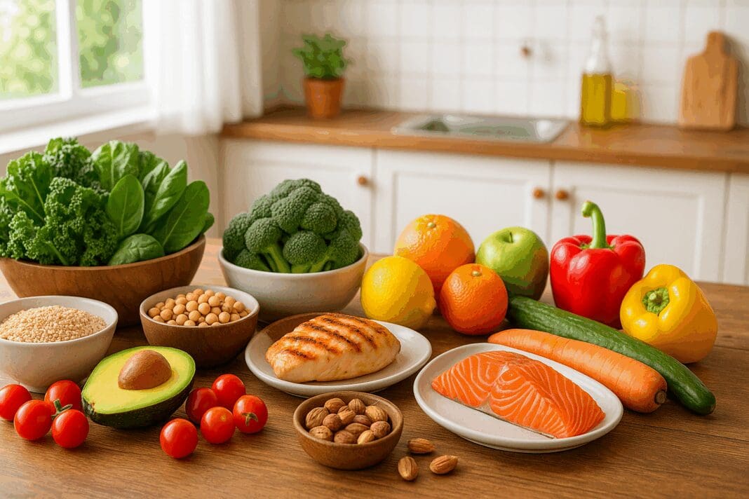 Fresh whole foods on a kitchen table representing a balanced regular diet, including greens, grains, fruits, salmon, and avocado.