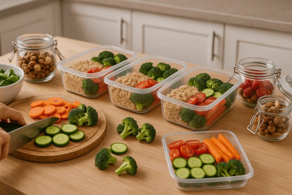 Meal prep for a regular diet showing sliced vegetables, quinoa bowls, and jars of healthy snacks in a bright kitchen.