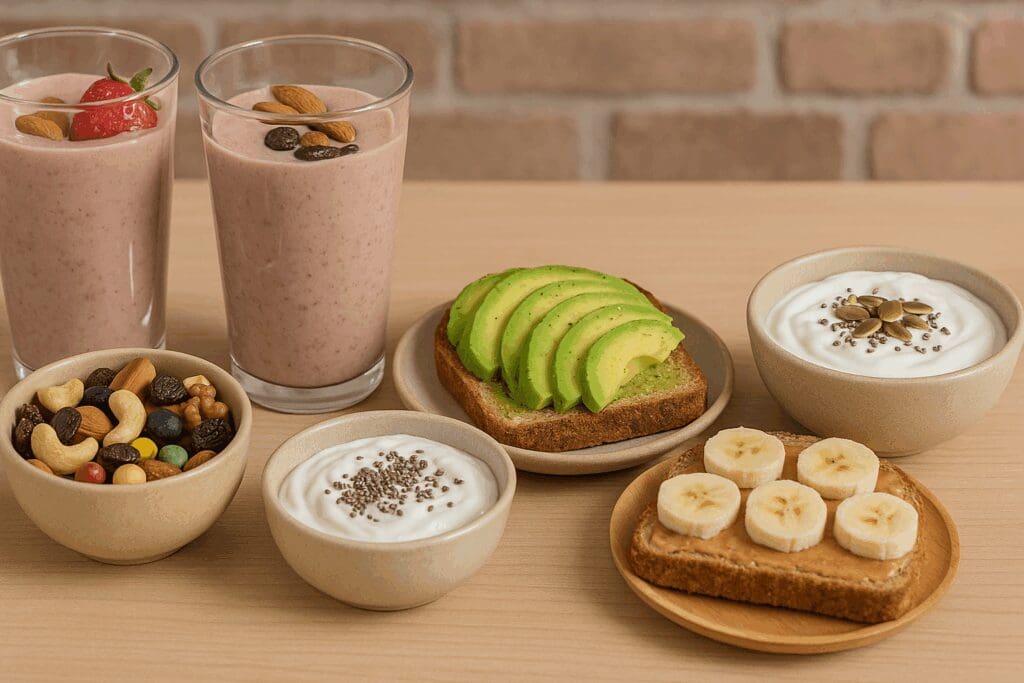 High-calorie, nutrient-rich snacks like smoothies, trail mix, avocado toast, and Greek yogurt support a balanced regular diet.