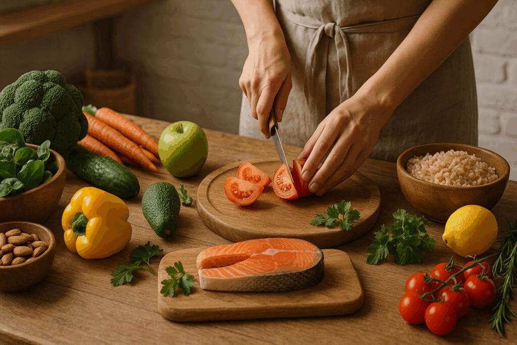 Person preparing fresh vegetables, fish, grains, and fruits on a rustic kitchen counter as part of a regular diet