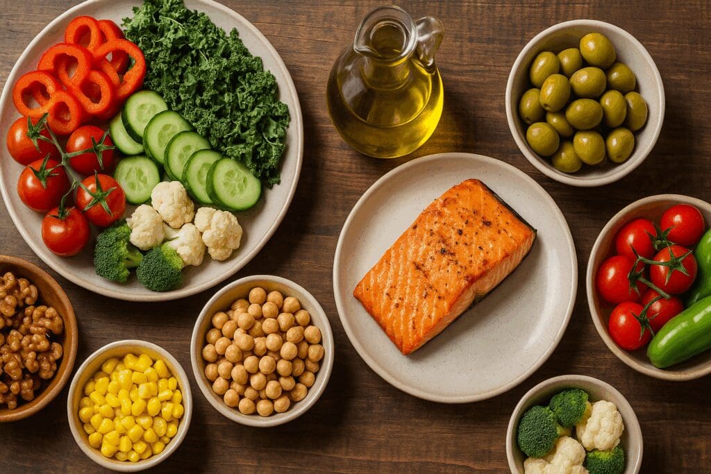 Anti-inflammatory Mediterranean meal with salmon, olive oil, and vegetables supporting a nutrient-rich diet for menopause