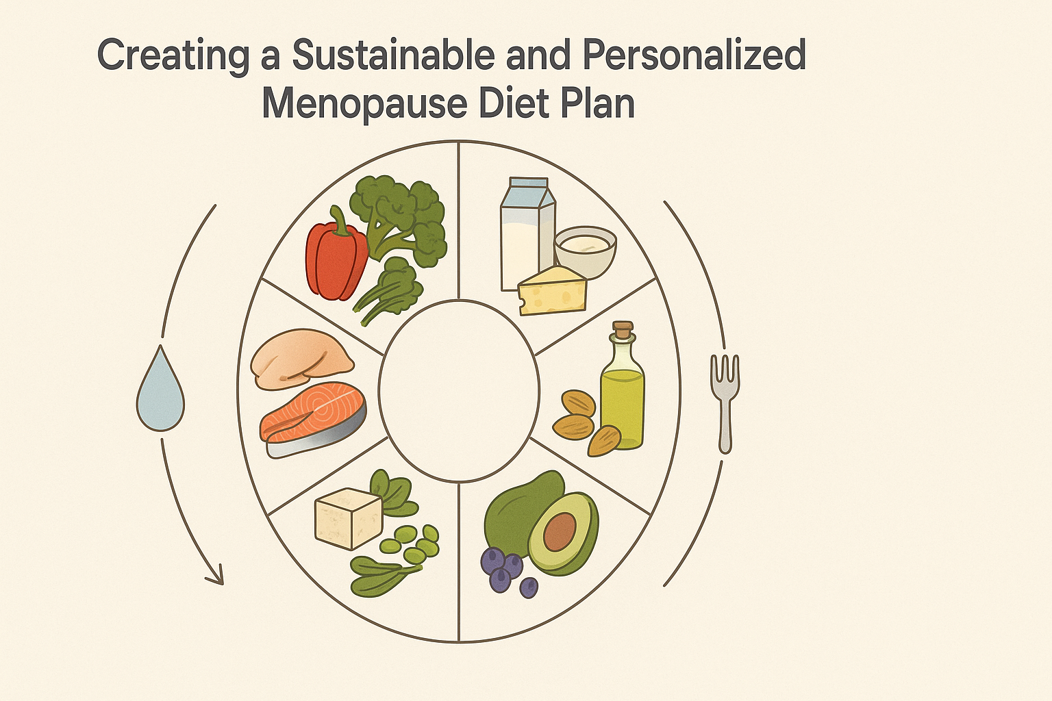 Diagram of a personalized diet for menopause showing food groups like leafy greens, salmon, tofu, yogurt, avocado, and olive oil in a circular layout.