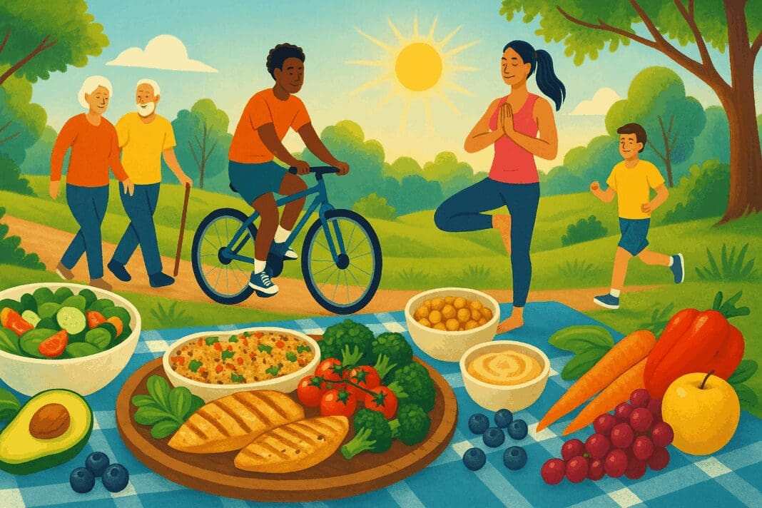 People of all ages enjoying diet and exercise with yoga, biking, and a healthy picnic in a sunny park setting.