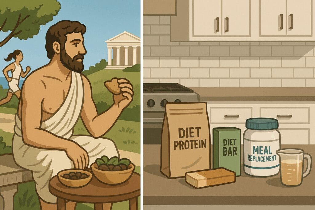 Split-screen illustration showing ancient Greek lifestyle with natural food and exercise beside a modern kitchen with packaged diet products, exploring what does diet mean over time.
