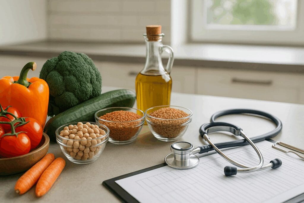 Modern kitchen counter with colorful vegetables, legumes, whole grains, and olive oil beside a stethoscope and medical chart, illustrating what does diet mean in lifestyle medicine.