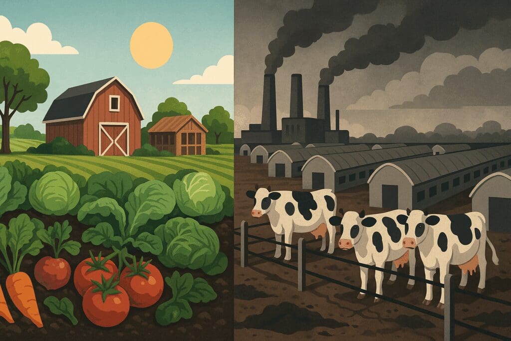 Side-by-side illustration showing what does diet mean for the environment, contrasting a lush plant-based farm with an industrial animal agriculture facility.
