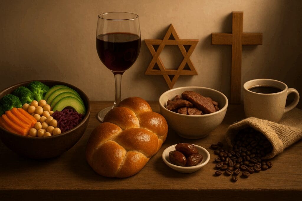 Buddha bowl, kosher bread and wine, halal meat, dates, and fair-trade coffee symbolizing what does diet mean in spiritual and ethical traditions.