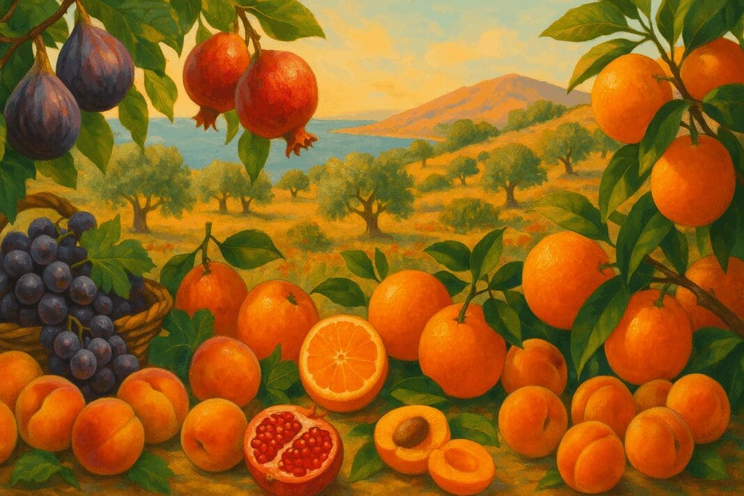 Assortment of mediterranean fruits like figs, grapes, and oranges in a coastal orchard with olive trees and sunlight