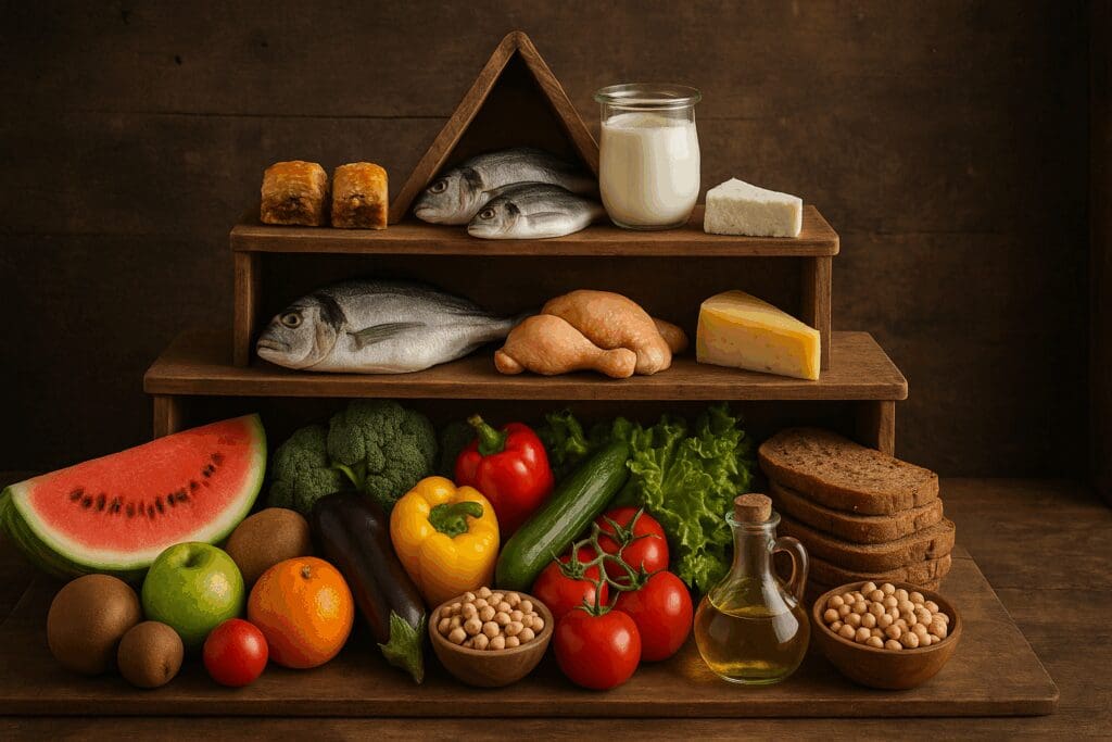 Wooden food pyramid filled with mediterranean fruits, vegetables, legumes, grains, olive oil, fish, and poultry in a rustic kitchen setting.