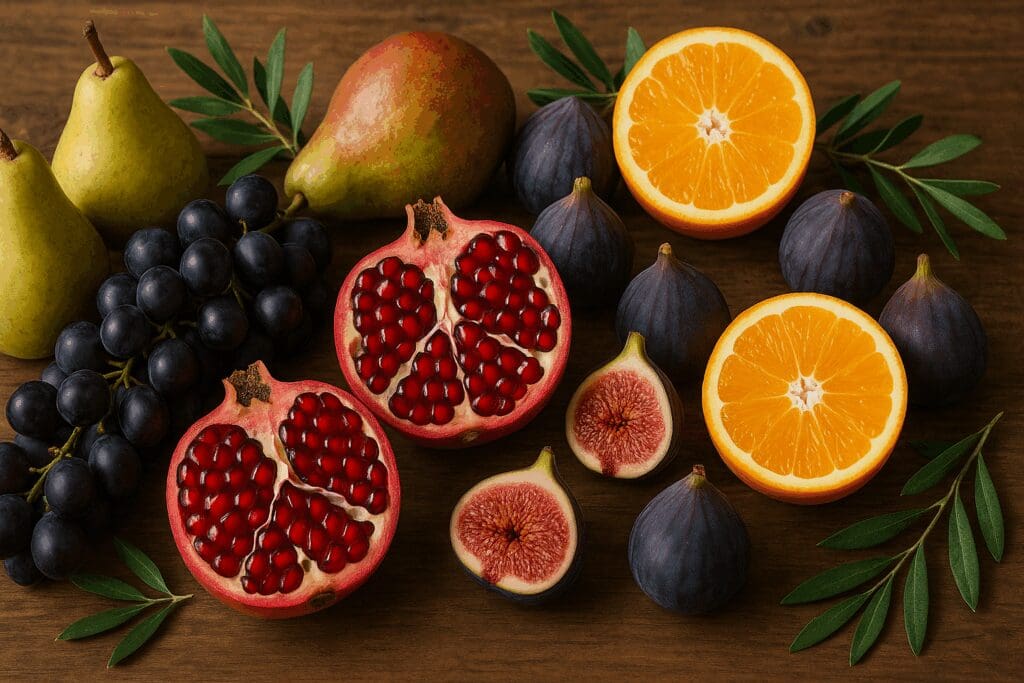 Halved pomegranates, dark grapes, oranges, figs, and pears with olive leaves on a rustic table showcasing mediterranean fruits