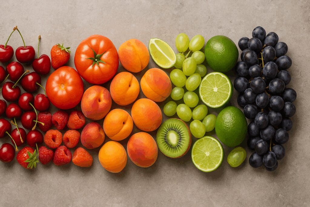 Colorful flat-lay of mediterranean fruits like cherries, apricots, grapes, and kiwis arranged by color on a stone background