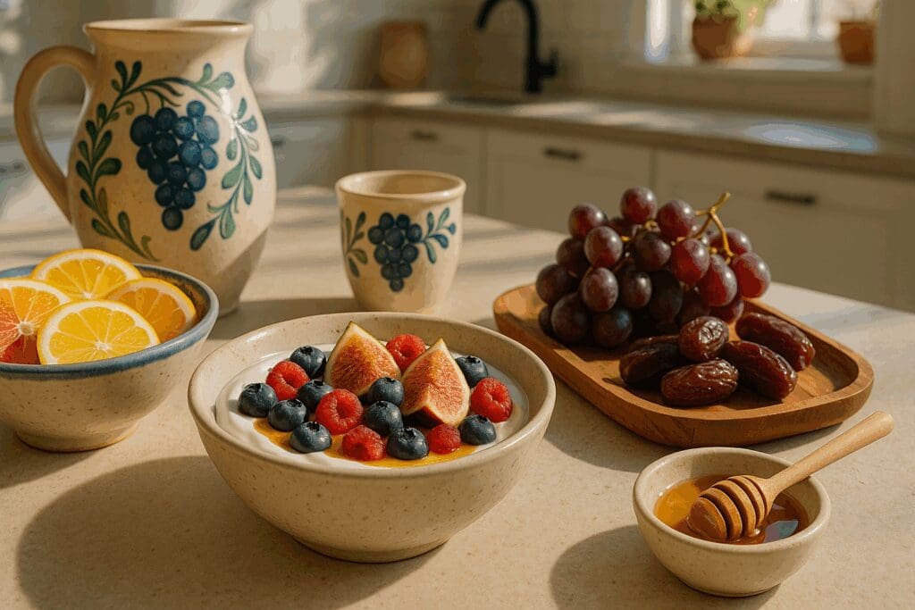 Greek yogurt topped with figs, berries, and honey beside a citrus fruit bowl and wooden tray of mediterranean fruits in a sunlit modern kitchen.