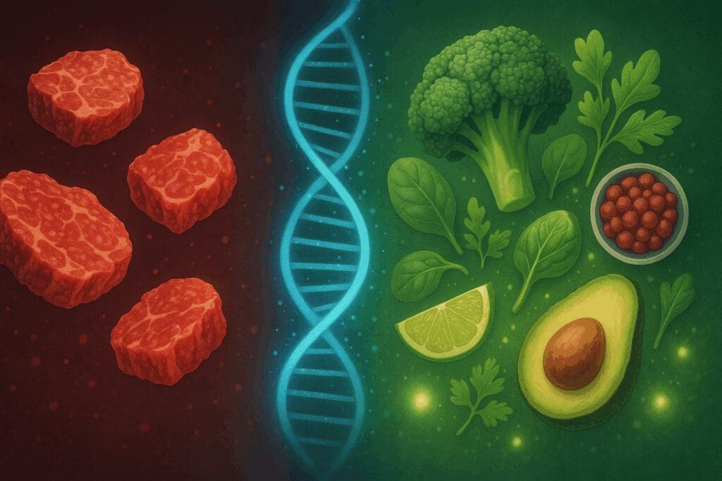 DNA strand flanked by harmful red meat particles on one side and antioxidant-rich vegetables on the other, symbolizing benefits of a no red meat diet