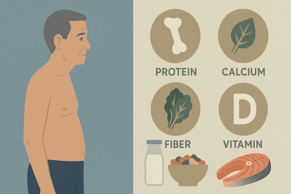 Split-screen illustration of an aging man with gray hair and reduced muscle tone next to nutrient-rich foods like salmon, milk, leafy greens, and legumes—representing the best diet for men over 50.