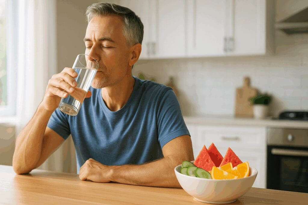 Middle-aged man drinking water at a kitchen table with hydrating fruits, illustrating the best diet for men over 50.