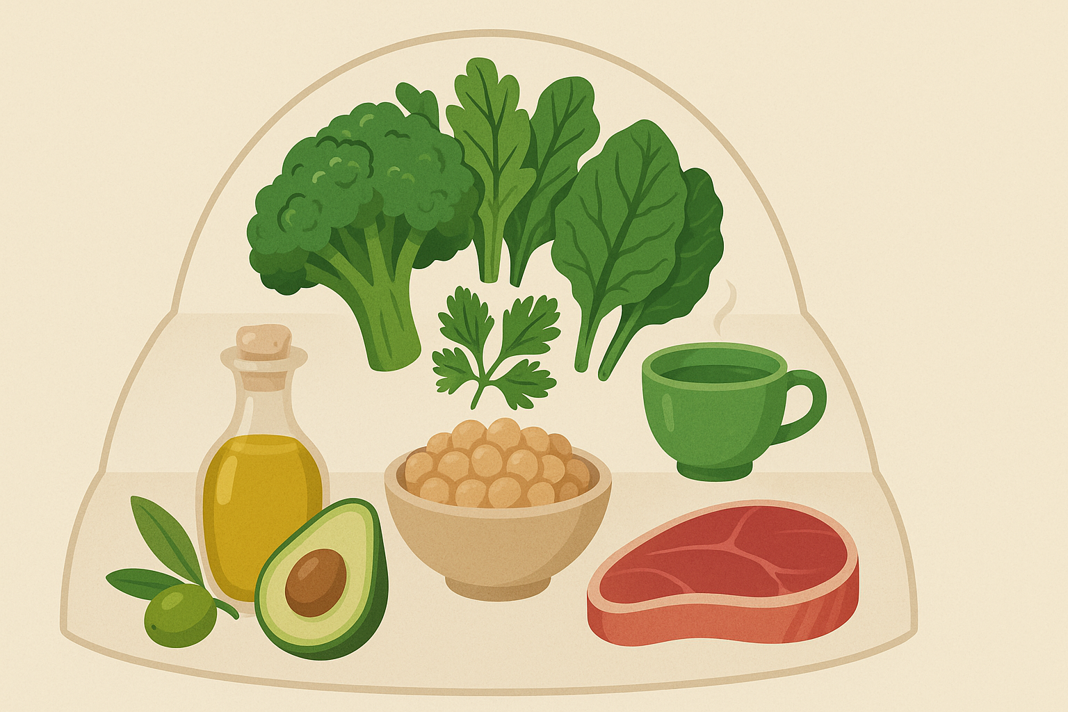 Green med diet infographic showing leafy greens, legumes, green tea, healthy fats like olive oil and avocado, and limited red meat in a layered pyramid.