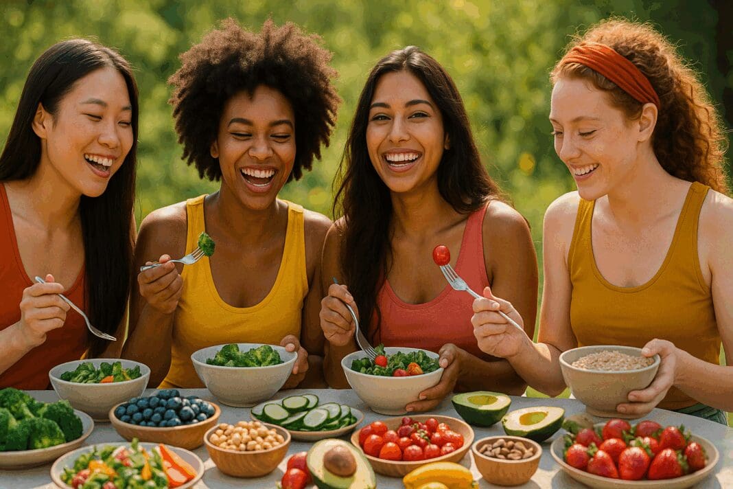 Diverse group of women in their 20s enjoying a healthy diet with fresh fruits, vegetables, and grains at an outdoor garden meal.