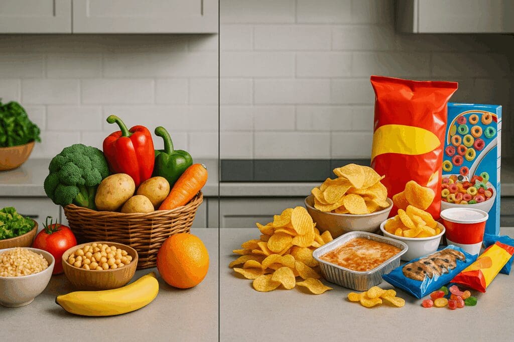 Split kitchen counter showing a healthy diet for women in 20s with fresh produce on one side and processed snacks on the other.