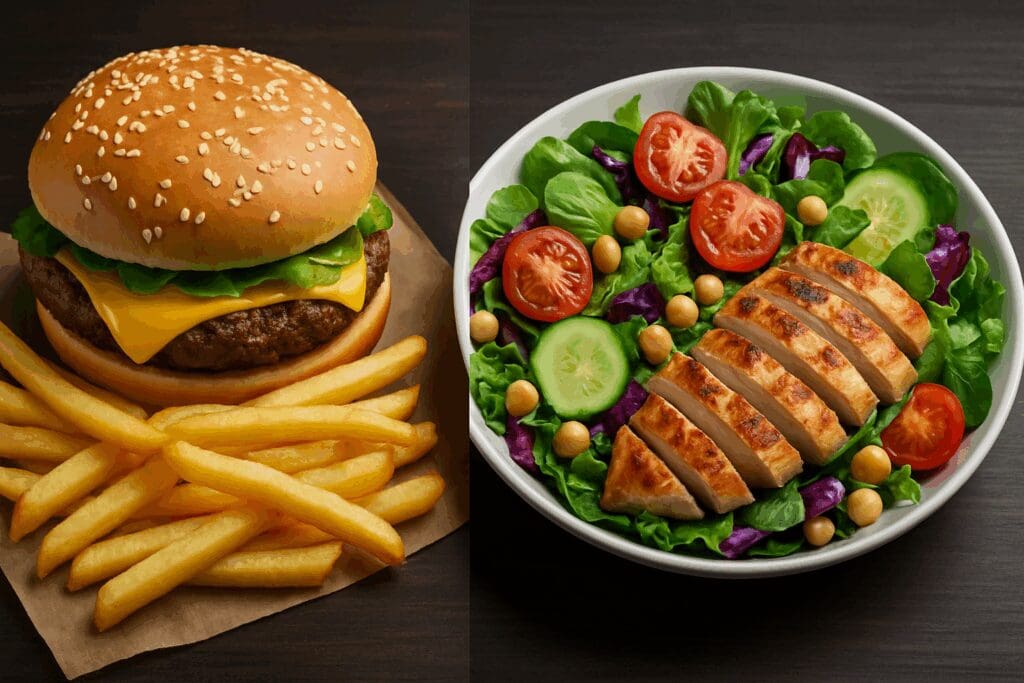 Split image of high-calorie fast food and low-calorie salad highlighting energy density differences without showing a nutrition label