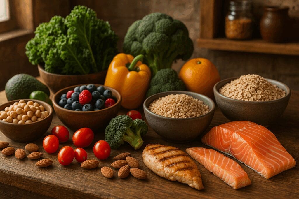 Colorful display of whole foods like kale, salmon, berries, and oats in a rustic kitchen, illustrating health and wellness tips through nutritious eating.