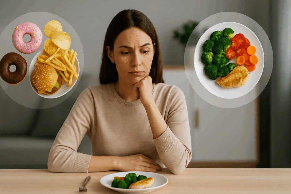 Woman at dining table contemplating eating habits, with fast food on one side and a healthy meal on the other.