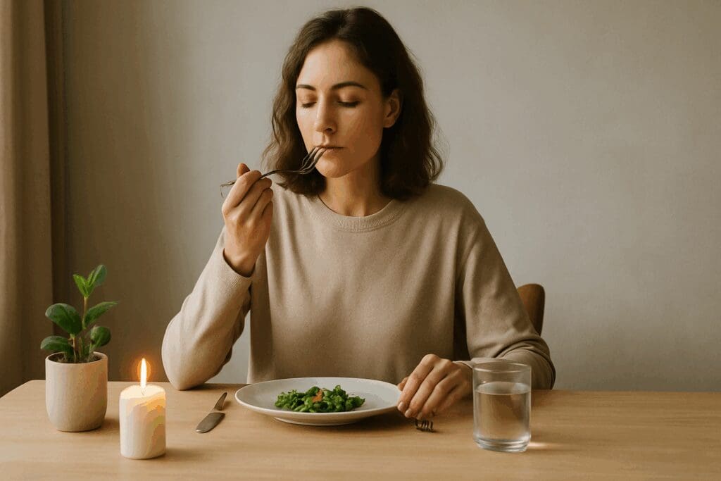 Woman practicing mindful eating habits alone at a minimalist dining table with a calm expression and no electronic distractions.