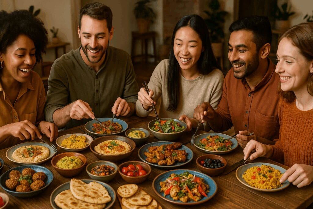 Friends from diverse backgrounds sharing global dishes at a joyful dinner table, reflecting cultural eating habits.