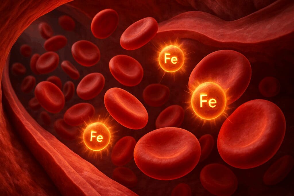Oxygen-rich red blood cells flowing through an artery with glowing iron molecules, illustrating the normal range for iron in women at a cellular level.
