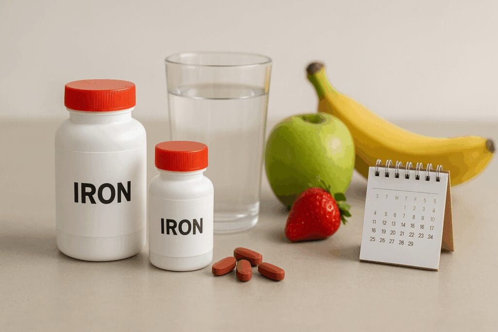 Iron supplement bottles beside a glass of water, fresh fruit, and a calendar—illustrating daily dosage to support the normal range for iron in women.