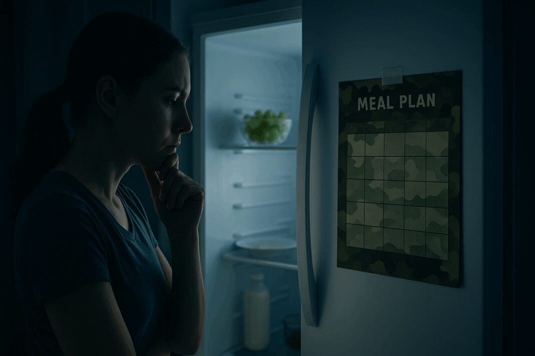 Woman contemplating in front of an open fridge at night with a camouflage meal plan, reflecting on how i did the military diet for a month.