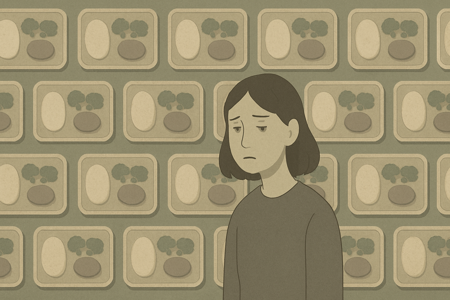 Surreal depiction of a woman overwhelmed by monotony, symbolizing emotional fatigue during week three of i did the military diet for a month