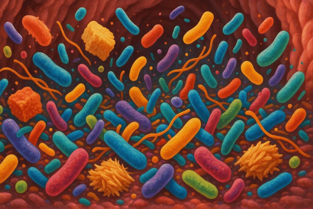 Colorful microscopic view of gut bacteria interacting with fibrous food particles, visualizing the effects of a high fiber diet meal plan on the gut microbiome