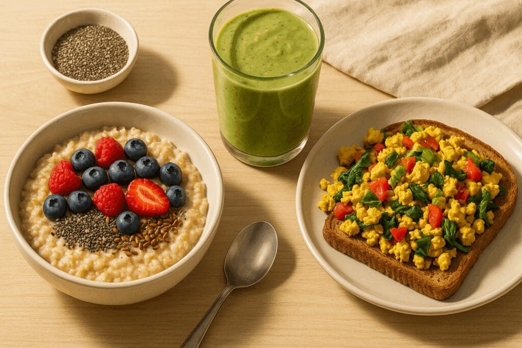Fiber-rich breakfast table featuring steel-cut oats with berries, green smoothie, and tofu scramble on toast—ideal for a high fiber diet meal plan.