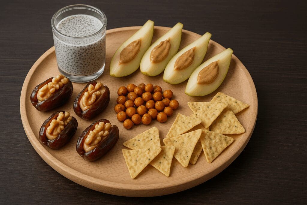 Snack board with chia pudding, pear slices with almond butter, stuffed dates, roasted chickpeas, and lentil chips for a high fiber diet meal plan