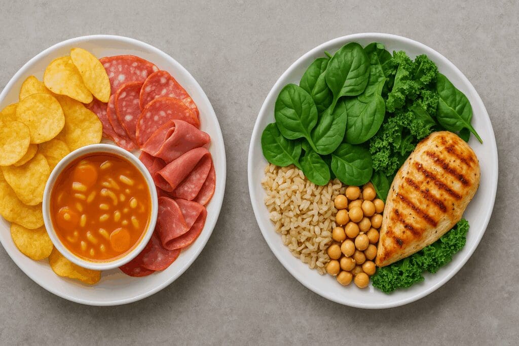 Side-by-side comparison of a high-sodium meal with chips and cured meats versus a heart failure diet plate with grilled chicken, brown rice, leafy greens, and legumes.