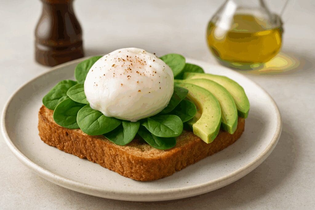 Poached egg on whole-grain toast with avocado and spinach on a ceramic plate, suggesting is it okay to eat eggs daily for breakfast.