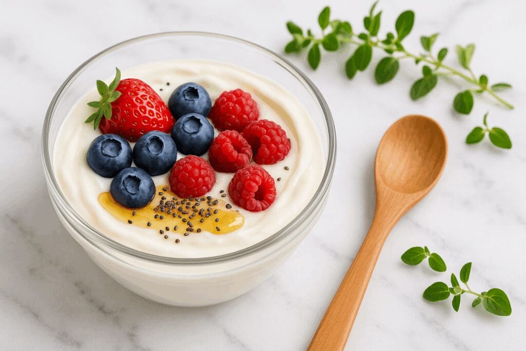 Plain Greek yogurt topped with berries, chia seeds, and honey on marble counter—explores is it okay to eat yogurt daily.