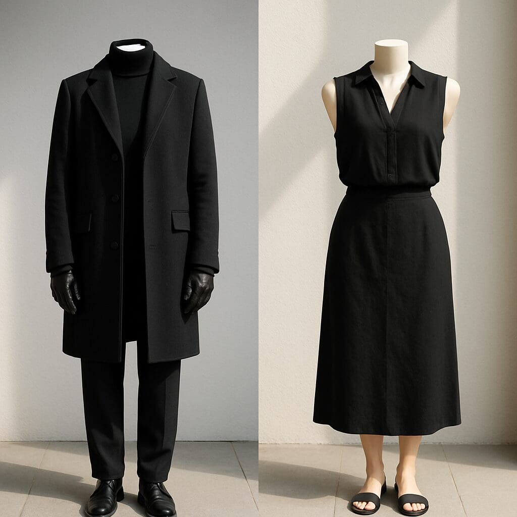Two mannequins display black on black business casual outfits for winter and summer, styled with seasonal accessories.