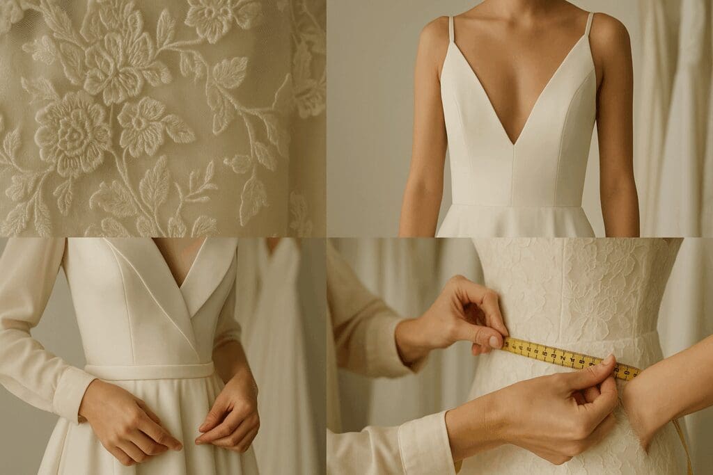 Close-up collage of affordable bridal dresses featuring lace fabric, minimalist silhouettes, and hands tailoring a gown.