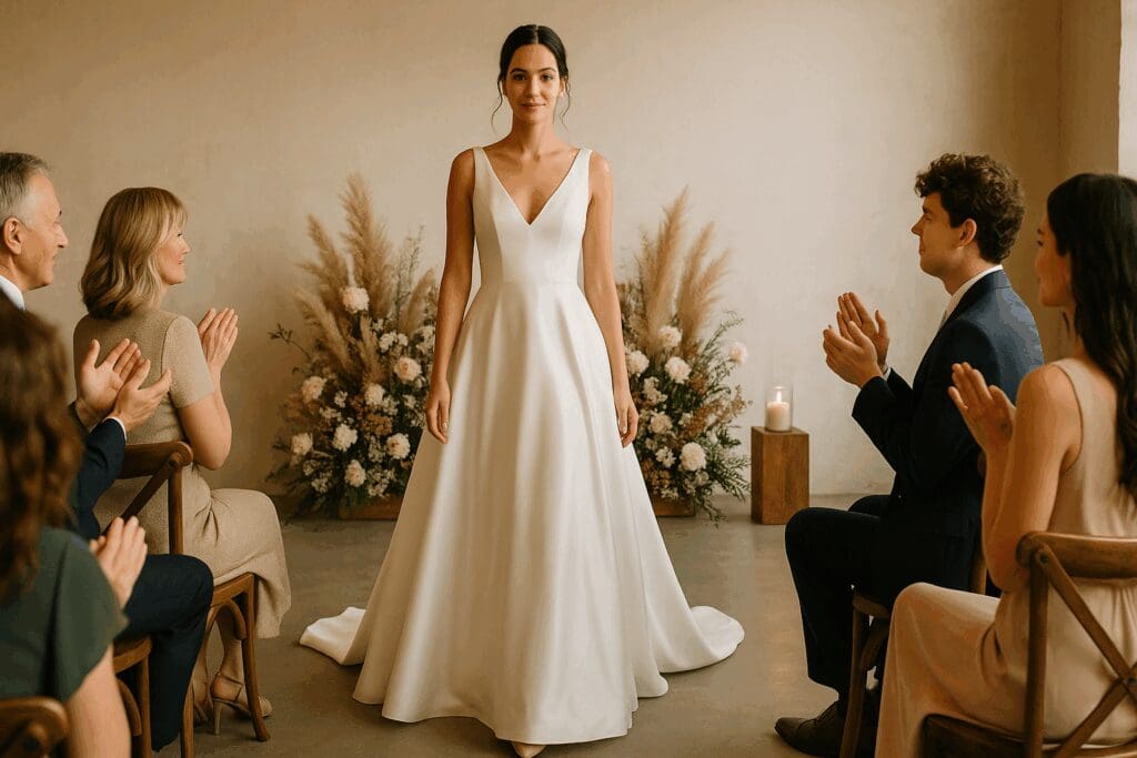 Bride walking down a minimalist aisle in an elegant satin gown surrounded by guests, showcasing affordable bridal dresses in a warm, intimate setting.