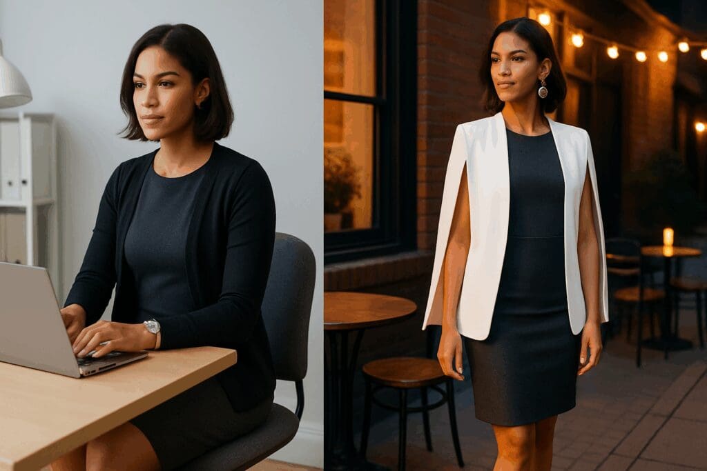 Woman in a sheath dress transforms her office look with bold accessories and a cape blazer for stylish after five wear.