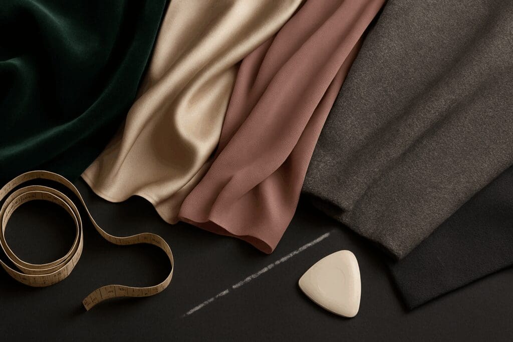 Elegant swatches of velvet, silk, chiffon, and wool blend fabrics with tailoring tools, symbolizing the craftsmanship behind after five wear.