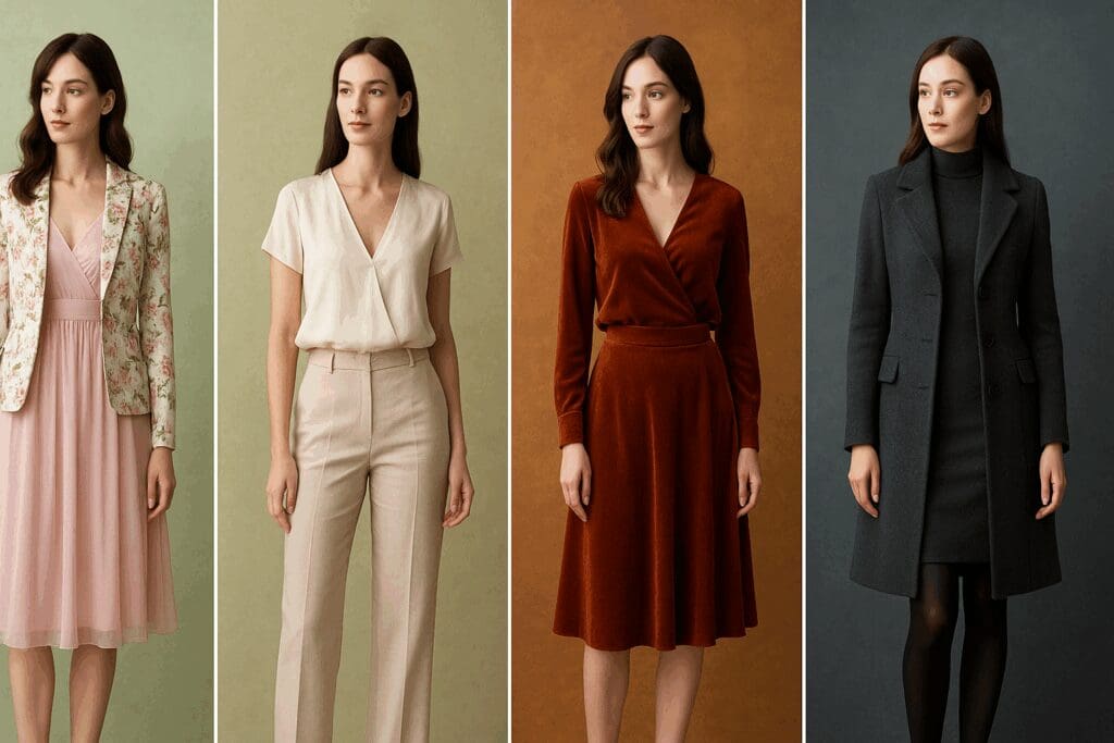 Four stylish women modeling seasonal after five wear: pastel chiffon and floral blazer for spring, linen pants and silk blouse for summer, rust velvet ensemble for fall, and wool coat over fitted dress for winter.