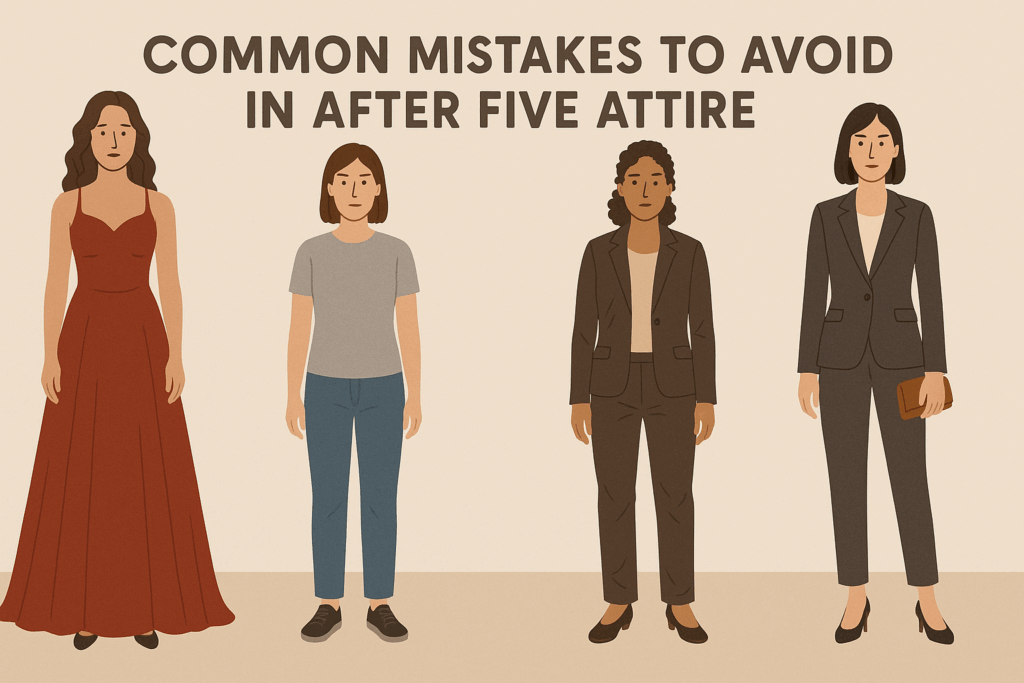 Four illustrated women showing common mistakes in after five wear, from overdressed and underdressed to ideal tailored attire.