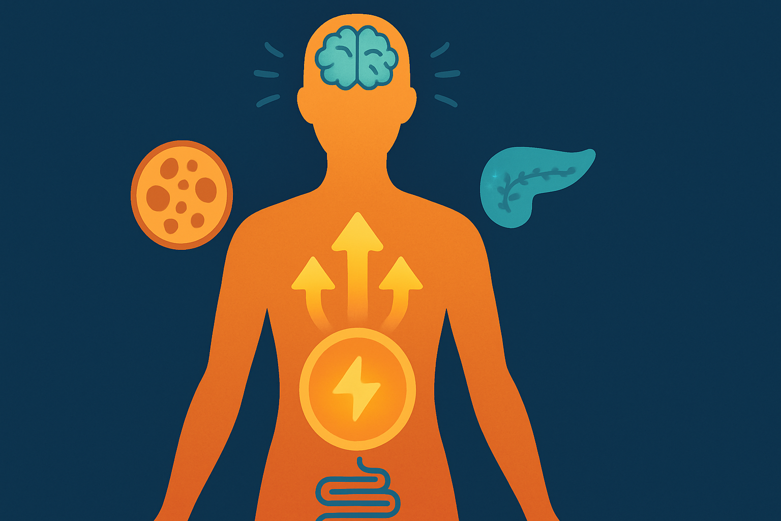 Abstract infographic of a human silhouette showing metabolic boost, fat burn, and calm brain activity, symbolizing lazy yoga for weight loss