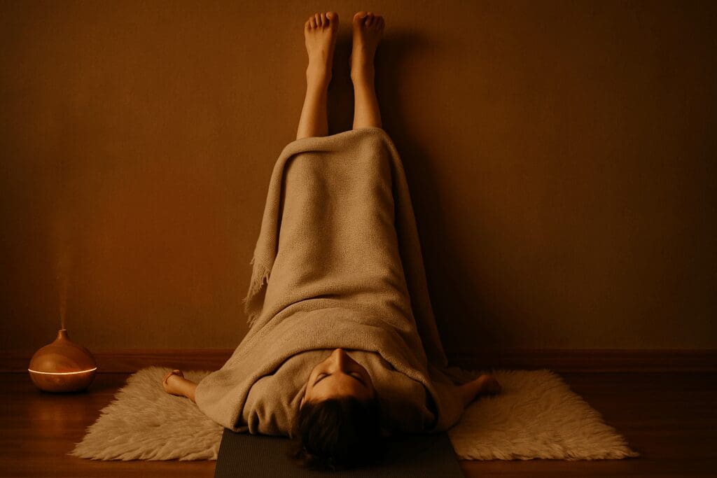 Woman practicing lazy yoga for weight loss in a dimly lit room, lying in legs-up-the-wall pose with blanket and diffuser nearby.